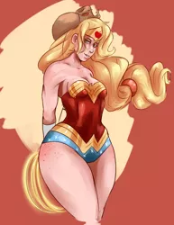 Size: 962x1248 | Tagged: applebucking thighs, applejack, artist:sundown, breasts, cleavage, cosplay, dc comics, derpibooru import, female, freckles, human, humanized, leotard, scar, suggestive, wide hips, wonderjack, wonder woman