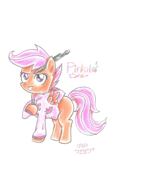 Size: 2532x3280 | Tagged: safe, artist:xcesskinavira, derpibooru import, scootaloo, pegasus, pony, clothes, female, filly, hoodie, mechanical pencil, open mouth, signature, simple background, smiling, solo, white background