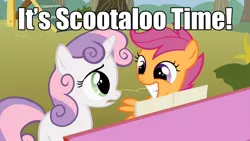 Size: 1280x720 | Tagged: caption, derpibooru import, duo, edit, edited screencap, grin, image macro, meme, piano, safe, scootaloo, screencap, smiling, sweetie belle, the show stoppers