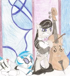 Size: 800x869 | Tagged: suggestive, artist:wjmmovieman, derpibooru import, octavia melody, vinyl scratch, assisted exposure, clothes, embarrassed, embarrassed underwear exposure, humiliation, image, jpeg, music note underwear, music notes, panties, pantsing, prank, stage, traditional art, underwear, undressing