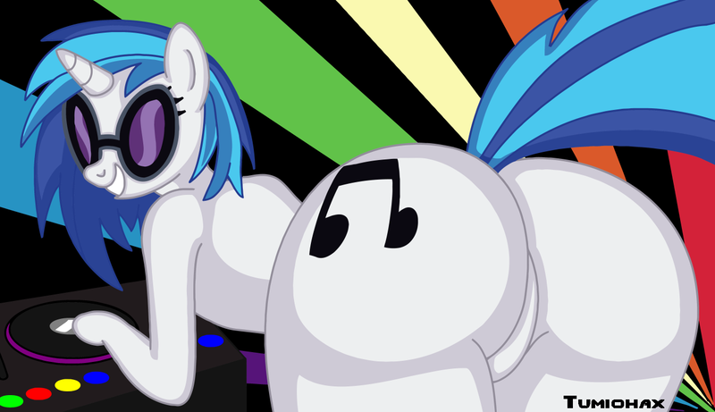 Size: 1313x757 | Tagged: artist:tumiohax, bottom, derpibooru import, featureless crotch, female, plot, presenting, questionable, solo, solo female, squishy, squooshy, vinyl scratch