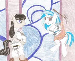 Size: 900x743 | Tagged: suggestive, artist:wjmmovieman, derpibooru import, octavia melody, vinyl scratch, angry, assisted exposure, belly button, boxers, clothes, hanging, hanging wedgie, image, jpeg, music note underwear, polka dot underwear, revenge, stage, stuck, traditional art, underwear, wedgie