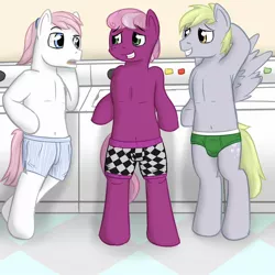 Size: 1280x1280 | Tagged: safe, artist:fuzebox, derpibooru import, cheerilee, derpy hooves, nurse redheart, pony, bare chest, belly button, bipedal, boxer briefs, boxers, briefs, cherryloo, clothes, dopey hooves, laundry, rule 63, topless, underwear