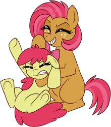 Size: 383x435 | Tagged: adorabloom, angry, apple bloom, appleseed, artist:lulubell, babsbetes, babs seed, cute, derpibooru import, female, lesbian, noogie, safe, shipping, simple background, smiling, transparent background