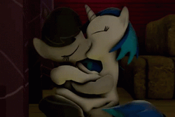 Size: 360x240 | Tagged: dead source, suggestive, artist:twily404, derpibooru import, octavia melody, vinyl scratch, earth pony, pony, unicorn, 3d, animated, eyes closed, female, kissing, lesbian, love, mare, scratchtavia, shipping, sloppy kissing, source filmmaker, video at source