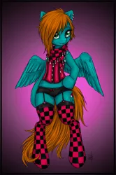Size: 596x900 | Tagged: safe, artist:tt-n, derpibooru import, oc, oc:agu, unofficial characters only, pegasus, pony, semi-anthro, bipedal, checkered socks, clothes, ear piercing, earring, female, freckles, frilly underwear, garter belt, garters, hips, jewelry, mare, midriff, panties, piercing, ribbon, scarf, socks, stockings, underwear