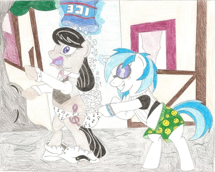 Size: 900x721 | Tagged: suggestive, artist:wjmmovieman, derpibooru import, octavia melody, vinyl scratch, assisted exposure, boxers, clothes, cold, humiliation, image, jpeg, music note underwear, music notes, panties, prank, revenge, smiley face, traditional art, underwear, wedgie