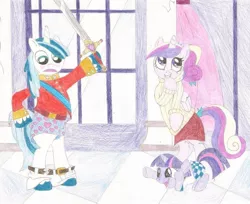 Size: 989x808 | Tagged: artist:wjmmovieman, assisted exposure, belt, boxers, clothes, derpibooru import, filly twilight sparkle, humiliation, pants, pantsing, princess cadance, safe, shining armor, source needed, sword, traditional art, twilight sparkle, underwear, undressing