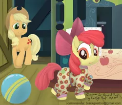 Size: 1000x859 | Tagged: safe, artist:smudge proof, derpibooru import, apple bloom, applejack, earth pony, pony, bedroom, clothes, commission, female, filly, mare, pajamas, sisters