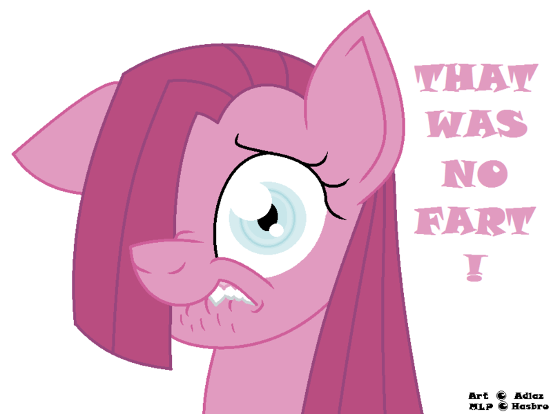 Size: 948x713 | Tagged: safe, artist:adlaz, derpibooru import, pinkie pie, pony, image macro, implied sharting, lip bite, pink text, pinkamena diane pie, solo, that wasn't a fart