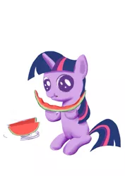 Size: 723x1023 | Tagged: artist needed, cute, derpibooru import, eating, filly, food, fruit, herbivore, nom, safe, solo, twilight sparkle, watermelon