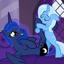 Size: 1200x1200 | Tagged: suggestive, artist:the smiling pony, derpibooru import, princess luna, trixie, alicorn, pony, unicorn, bed, blushing, cute, eyes closed, female, fetish, floppy ears, foreplay, grin, hoof fetish, hoof licking, kinky, lesbian, licking, lip bite, luxie, mare, on back, pillow, shipping, smiling, spread wings, tongue out, underhoof, window