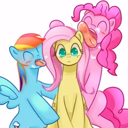 Size: 500x500 | Tagged: safe, artist:nyankamedon, derpibooru import, fluttershy, pinkie pie, rainbow dash, confused, drool, eyes closed, frown, licking, open mouth, pixiv, simple background, sitting, smiling, spread wings, tongue out, wat, white background