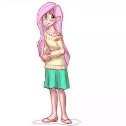 Size: 1280x1280 | Tagged: artist:misskatto, blushing, breasts, clothes, delicious flat chest, derpibooru import, flattershy, fluttershy, human, humanized, off shoulder, safe, simple background, skinny, skirt, solo, source needed, sweater, sweatershy, useless source url, white background