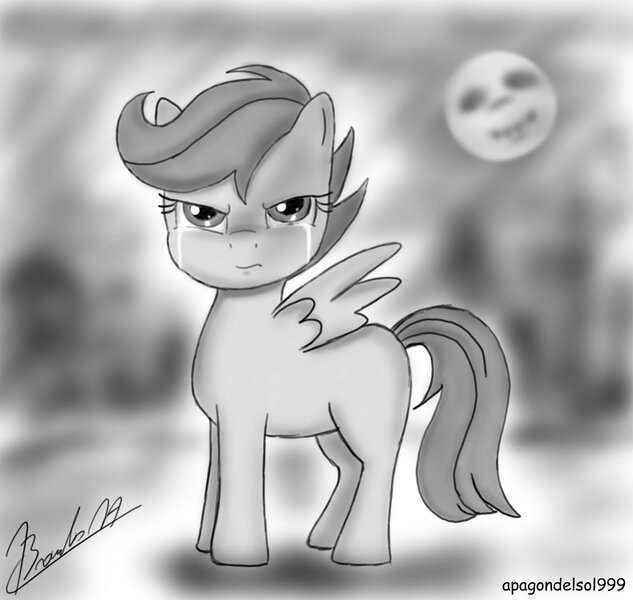 Size: 1024x970 | Tagged: angry, artist:apagondelsol999, crying, derpibooru import, monochrome, moon, night, safe, scootaloo, solo