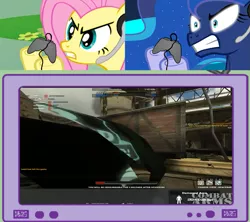 Size: 901x800 | Tagged: combat arms, derpibooru import, exploitable meme, fluttershy, gamer luna, gamer meme, gamershy, hacker, meme, obligatory pony, pc game, princess luna, safe, tv meme