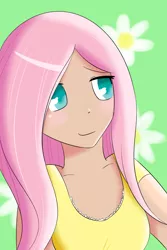 Size: 1000x1500 | Tagged: safe, artist:verminshy, derpibooru import, fluttershy, human, blushing, clothes, cute, dress, flower, humanized, no pupils, shyabetes, solo