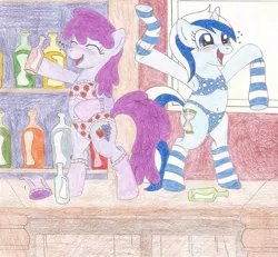 Size: 929x860 | Tagged: suggestive, artist:wjmmovieman, derpibooru import, berry punch, berryshine, minuette, earth pony, pony, unicorn, belly button, bipedal, blue underwear, blushing, bottle, bra, bra on pony, clothes, cutie mark, dancing, drunk, duo, eyes closed, female, females only, flower pattern underwear, frilly underwear, hooves, horn, mare, open mouth, panties, party, pink underwear, polka dot underwear, socks, striped socks, thong, traditional art, underwear, undressing