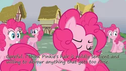 Size: 1280x720 | Tagged: safe, derpibooru import, edit, edited screencap, screencap, pinkie pie, earth pony, pony, too many pinkie pies, clone, clones, female, grin, hair, implied vore, insane pony thread, mane, mare, pinkie clone, tail, tumblr