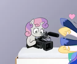 Size: 1800x1500 | Tagged: suggestive, derpibooru import, princess celestia, princess luna, sweetie belle, alicorn, pony, unicorn, bed, camera, exploitable meme, female, filly, frown, gray background, heart, hoof hold, implied sex, incest, lesbian, mare, microphone, porn, princest, recording, shipping, simple background, sweetie's note meme, voyeurism, wat, watching, wide eyes
