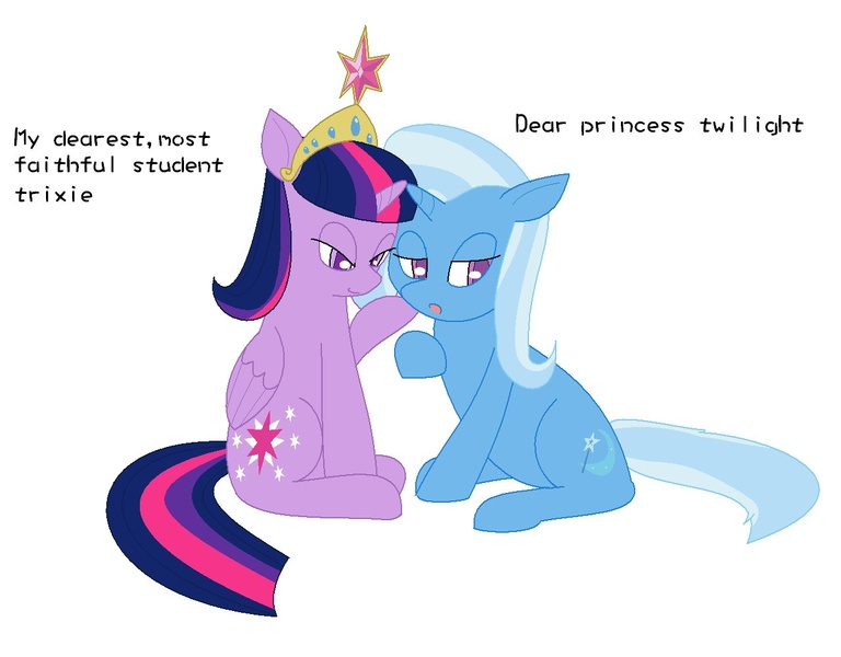 Size: 1280x1000 | Tagged: safe, artist:m2130138, derpibooru import, trixie, twilight sparkle, twilight sparkle (alicorn), alicorn, pony, bedroom eyes, big crown thingy, female, horns are touching, mare, not sure if shipping, tiara