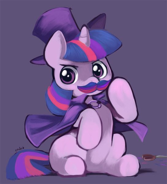 Size: 650x716 | Tagged: artist:ende26, cape, clothes, cute, derpibooru import, filly, hat, moustache, safe, solo, top hat, twilight sparkle