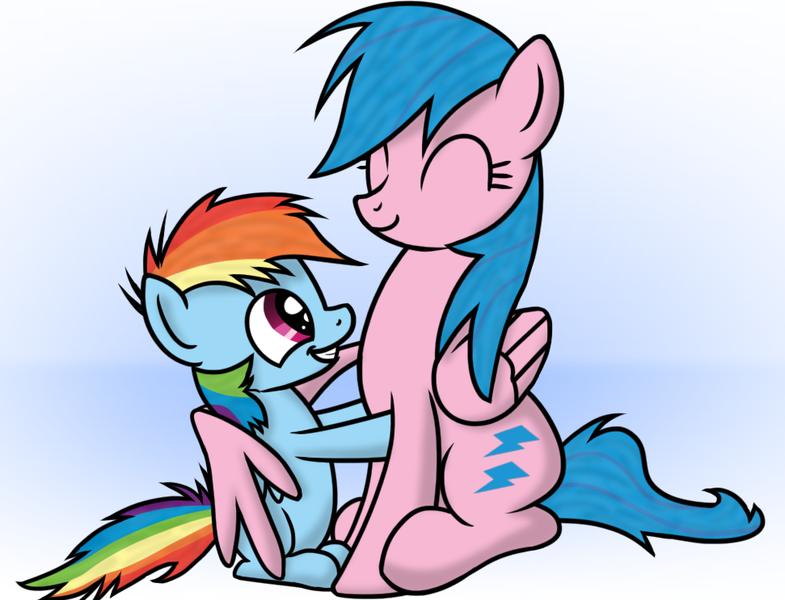 Size: 971x742 | Tagged: safe, artist:10art1, derpibooru import, firefly, rainbow dash, pegasus, pony, duo, eyes closed, female, filly, firefly as rainbow dash's mom, foal, g1, g1 to g4, g4, generation leap, hug, mama firefly, mare, mother, mother and daughter, motherly, motherly love, winghug