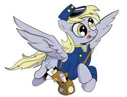 Size: 2500x1915 | Tagged: safe, artist:andypriceart, artist:kotanom, derpibooru import, derpy hooves, pegasus, pony, bag, clothes, female, flying, hat, mail, mailbag, mailmare, mailpony, mare, simple background, solo, tongue out, transparent background, uniform, vector