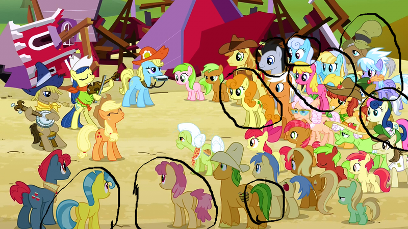 Size: 1280x720 | Tagged: safe, derpibooru import, edit, edited screencap, screencap, apple bloom, apple cobbler, apple crumble, apple mint, apple rose, apple split, applejack, auntie applesauce, babs seed, bon bon, braeburn, bushel, carrot top, cherry berry, cloudchaser, dizzy twister, fiddlesticks, flounder (character), golden harvest, granny smith, half baked apple, hayseed turnip truck, helia, hoss, liberty belle, linky, lucky clover, mr. greenhooves, orange swirl, red delicious, red june, shoeshine, sweet tooth, sweetie drops, earth pony, pegasus, pony, apple family reunion, animation error, apple family member, background pony, banjo, barn, bipedal, harmonica, hat, musical instrument, violin