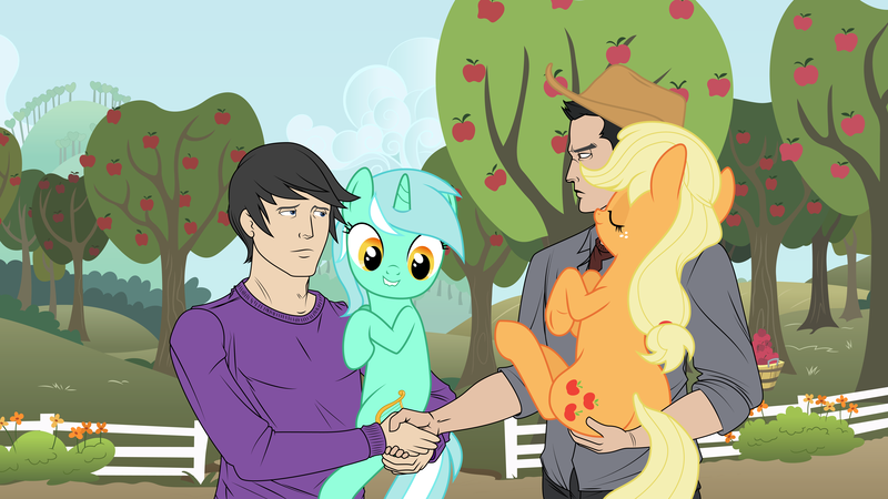 Size: 7680x4320 | Tagged: safe, artist:mewtwo-ex, artist:tex, derpibooru import, edit, applejack, lyra heartstrings, oc, oc:tex, earth pony, human, pony, unicorn, absurd resolution, apple tree, female, handshake, holding a pony, lip bite, male, man, mare, tree