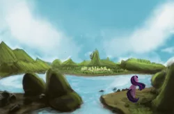 Size: 2900x1900 | Tagged: artist:hierozaki, canterlot, derpibooru import, safe, scenery, solo, twilight sparkle, water, windswept mane