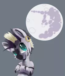 Size: 640x756 | Tagged: artist:robotrainbowpig, askyoungzecora, derpibooru import, ear piercing, earring, jewelry, mare in the moon, moon, piercing, safe, solo, zebra, zecora