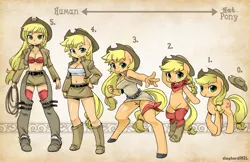 Size: 1600x1035 | Tagged: anthro, anthro chart, applejack, artist:shepherd0821, belly button, boots, breasts, busty applejack, chaps, chart, cleavage, clothes, cowboy hat, derpibooru import, female, hat, human, humanized, line-up, midriff, semi-anthro, skirt, stetson, suggestive, unguligrade anthro