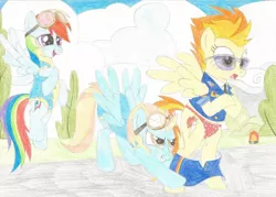 Size: 1024x734 | Tagged: artist:wjmmovieman, assisted exposure, belly button, clothes, derpibooru import, goggles, humiliation, lightning dust, panties, prank, rainbow dash, source needed, spitfire, suggestive, sunglasses, surprised, thong, traditional art, underwear, undressing, wonderbolts academy