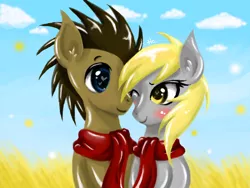 Size: 680x512 | Tagged: safe, artist:silvercommando, derpibooru import, derpy hooves, doctor whooves, time turner, pegasus, pony, blushing, clothes, doctorderpy, female, field, heart eyes, male, mare, scarf, shared clothing, shared scarf, shipping, straight, wingding eyes