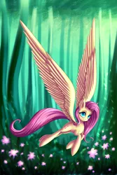 Size: 2000x3000 | Tagged: safe, artist:asimos, derpibooru import, fluttershy, flower, flying, forest, impossibly large wings, scenery, solo