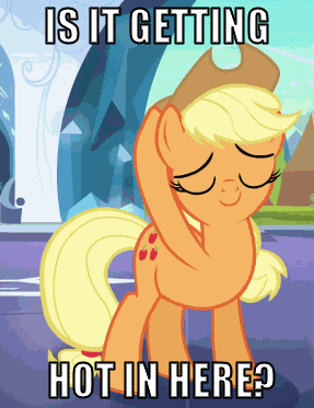 Size: 287x373 | Tagged: safe, derpibooru import, edit, edited screencap, screencap, applejack, the crystal empire, animated, cowboy hat, cropped, crystal empire, fanning, hat, image macro, reaction image, solo, stetson