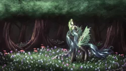 Size: 1250x703 | Tagged: artist:macalaniaa, changeling, changeling queen, derpibooru import, female, flower, forest, magic, mushroom, queen chrysalis, safe, scenery, solo