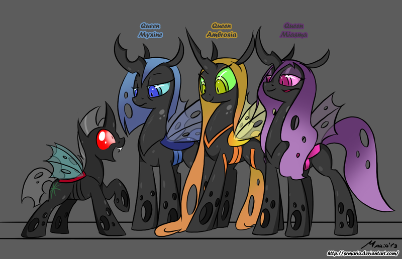 Size: 1328x856 | Tagged: artist:srmario, bedroom eyes, blue changeling, changeling, changeling oc, changeling queen, changeling queen oc, cutie mark, derpibooru import, excited, female, hybrid, oc, oc:ambrosia, oc:miasma, oc:myxine, oc:reinflak, open mouth, purple changeling, raised hoof, red changeling, safe, smiling, unofficial characters only, yellow changeling