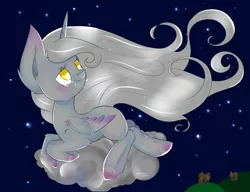Size: 1300x1000 | Tagged: safe, artist:anikawolf, derpibooru import, oc, unofficial characters only, alicorn, cloud pony, pony, alicorn oc, cloud, crying, female, flying, folded wings, looking away, looking up, mare, night, on a cloud, solo, teary eyes, windswept mane, wings