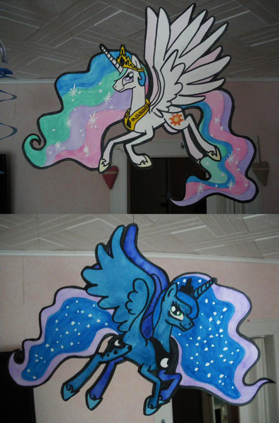 Size: 778x1180 | Tagged: safe, artist:sandra626, derpibooru import, princess celestia, princess luna, alicorn, pony, colored, confident, flying, hanging, photo, traditional art