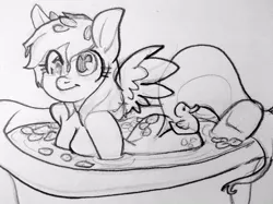 Size: 900x672 | Tagged: anthro, artist:lizombie, bath, bathtub, breasts, busty derpy hooves, cute, derpabetes, derpibooru import, derpy hooves, female, looking at you, milk, monochrome, nudity, pencil drawing, petals, rubber duck, simple background, sketch, smiling, solo, solo female, suggestive, traditional art, underhoof, unguligrade anthro, white background