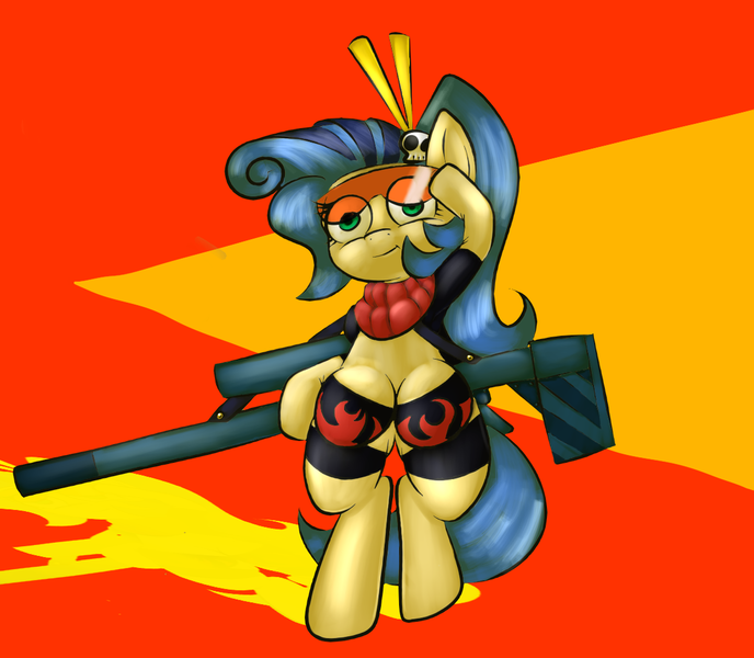 Size: 1183x1031 | Tagged: safe, artist:wizardski, derpibooru import, oc, oc:milky way, unofficial characters only, pony, bipedal, cosplay, crossover, crotchboobs, female, gun, impossibly large crotchboobs, mare, solo, tengen toppa gurren lagann, yoko littner