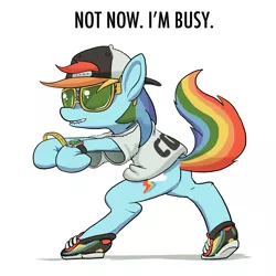 Size: 1600x1600 | Tagged: safe, artist:docwario, derpibooru import, rainbow dash, earth pony, pony, bipedal, clothes, female, fetish, hat, lip bite, mare, race swap, shoes, sneakers, sneakers fetish, solo, sunglasses, text, watch, wingless