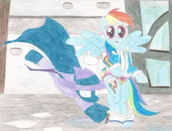 Size: 1023x781 | Tagged: artist:wjmmovieman, assisted exposure, clothes, derpibooru import, frilly underwear, humiliation, mare do well, panties, pantsing, prank, rainbow dash, ribbon, suggestive, traditional art, underwear, undressing