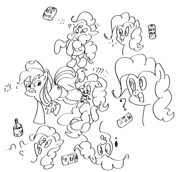 Size: 1509x1414 | Tagged: alcohol, applejack, derpibooru import, drunk, energy drink, pinkie pie, red bull, safe, sketch, vodka