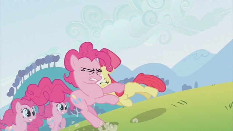 Size: 853x480 | Tagged: apple bloom, clone, derpibooru import, glasgow kiss, pinkie clone, safe, screencap, too many pinkie pies