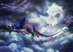 Size: 1489x1053 | Tagged: safe, artist:c-puff, derpibooru import, discord, draconequus, cloud, cloudy, cute, discute, flying, lightning, male, solo, storm