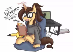 Size: 1024x727 | Tagged: safe, artist:blackswhites, derpibooru import, oc, unofficial characters only, pikachu, pony, unicorn, annoyed, beanbag chair, blushing, clipboard, clothes, creeper, cute, desk, drawing, hipster glasses, hoodie, laptop computer, magic, open mouth, pancakes, pen, sitting, telekinesis, underhoof, vulgar, wide eyes
