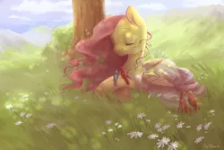 Size: 1800x1200 | Tagged: safe, artist:wolfiedrawie, derpibooru import, fluttershy, bird, pegasus, pony, squirrel, animal, clothes, eyes closed, flower, folded wings, prone, scenery, see-through, smiling, solo, tree, under the tree, windswept mane